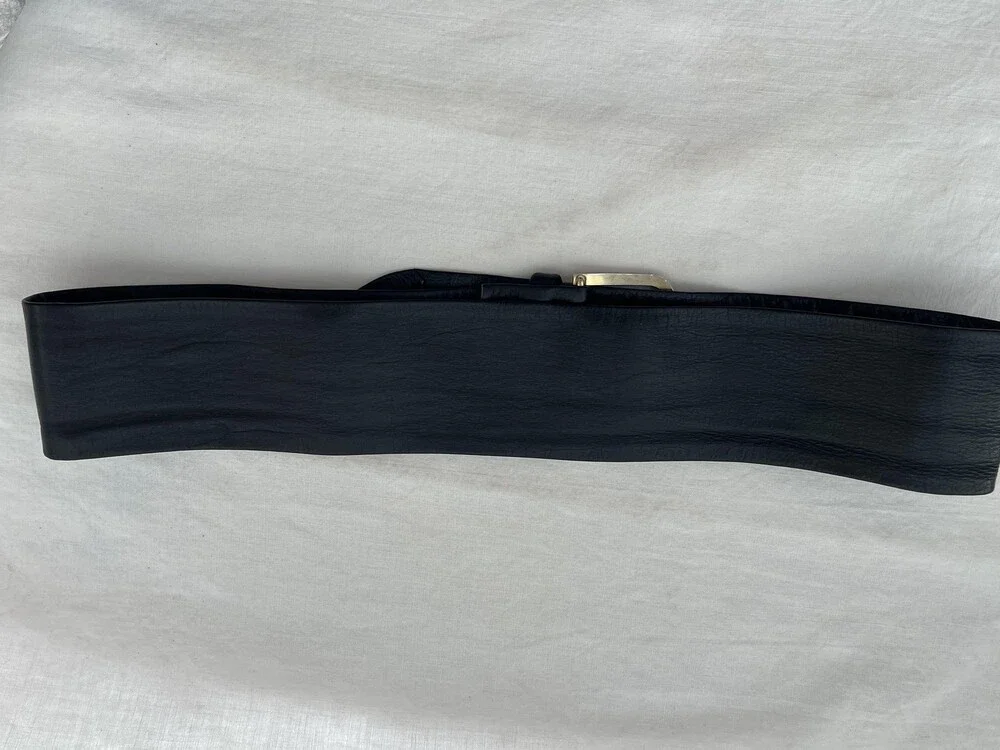 Handmade Wide Genuine Leather Belt Womens Med Black Waist Cinch Statement Buckle